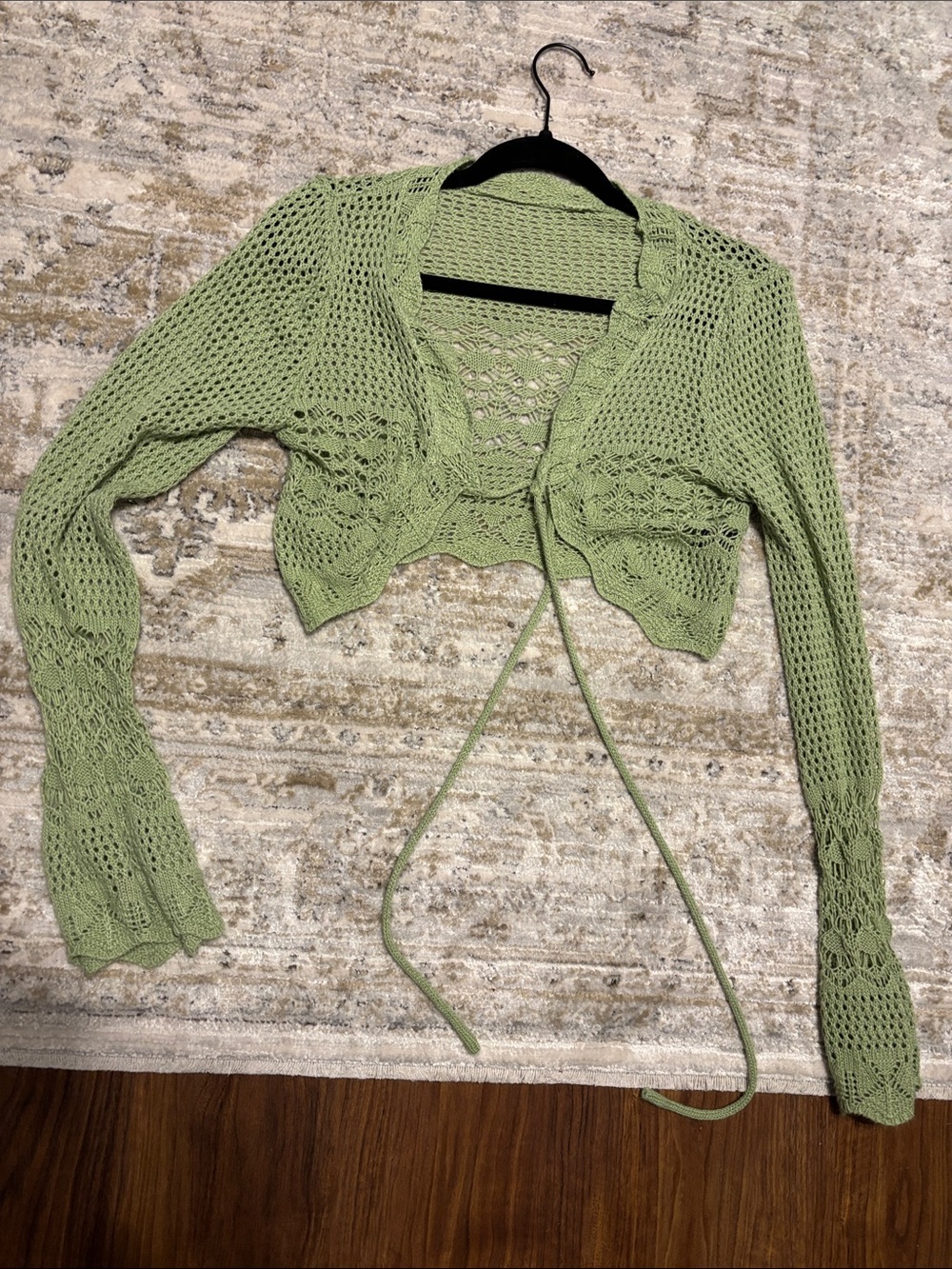 SHEIN Light Green Crochet Tie-Front Cropped Cardigan
